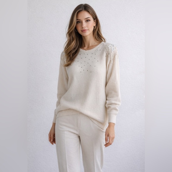 Rino Rossi Sweaters - Vintage Rino Rossi Ivory Angora Blend Beaded Knit Sweater Size M Vintage Chic